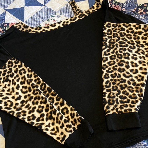 Tops - Black Off Shoulder Top with Leopard Print Sleeves